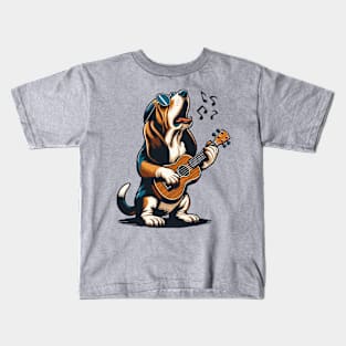 Dog Playing Guitar Singing Basset Hound Funny Kids T-Shirt